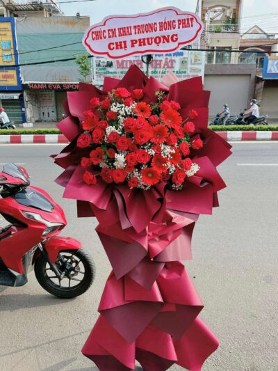 Chậu hoa khai trương rực rỡ, biểu tượng cho sự thịnh vượng và may mắn