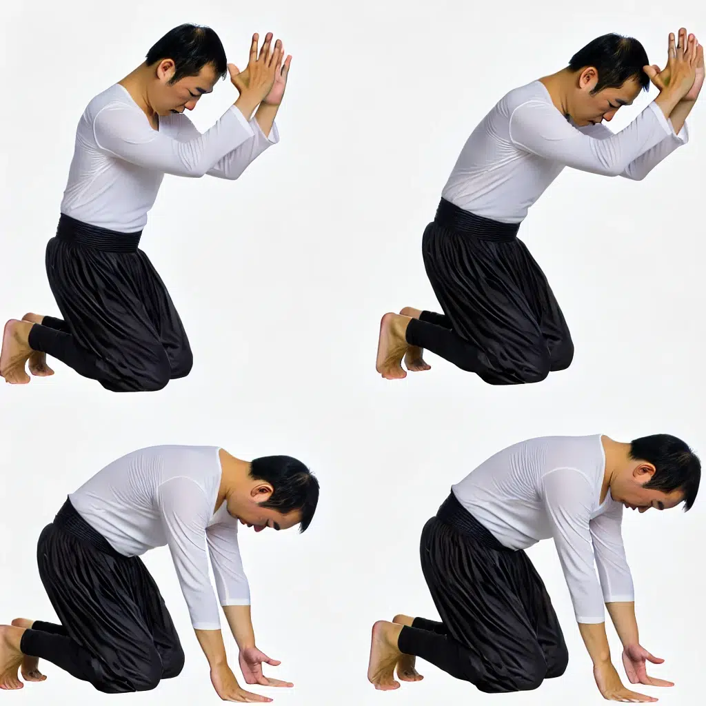 DALL·E 2024 07 19 11.12.15 An Asian man performing four different positions as shown in the reference image. The first position is kneeling with both hands touching the ground